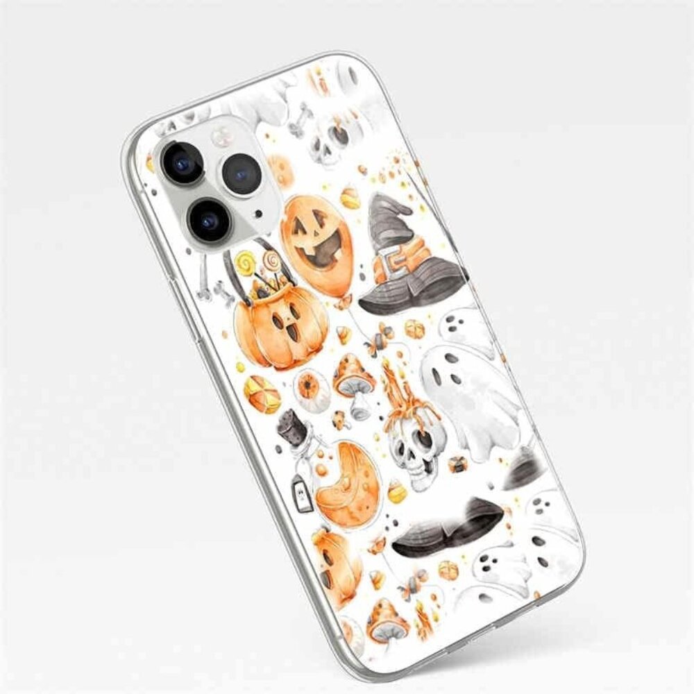iPhone 13 Case - Retro Halloween Blurred Skull & Pumpkin Design - Clear Cover